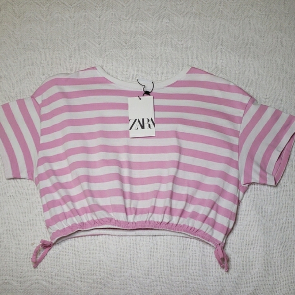 NEW Zara Girls 11/12 Pink & White Striped Cotton Cropped T-Shirt Top